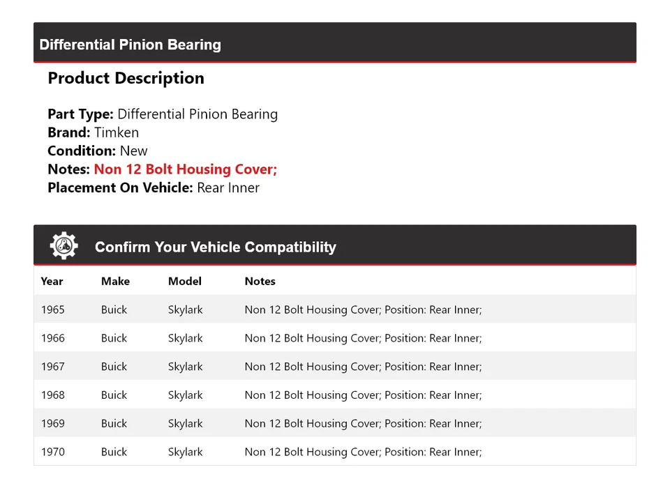 Cojinete de piñón diferencial trasero interior Timken 1966 para Buick Skylark 1965-1970 Foto 2 de 4