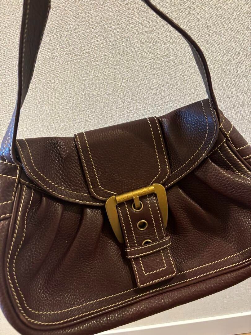 Authentic CELINE Leather Shoulder Bag Hand Bag Brown Gold Authentic CELINE Leather Shoulder Bag Hand Bag Brown Gold