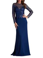TADASHI SHOJI Blue Sheer Illusion Sequin Embellished Yoke Crepe Dress Gown 6 = S