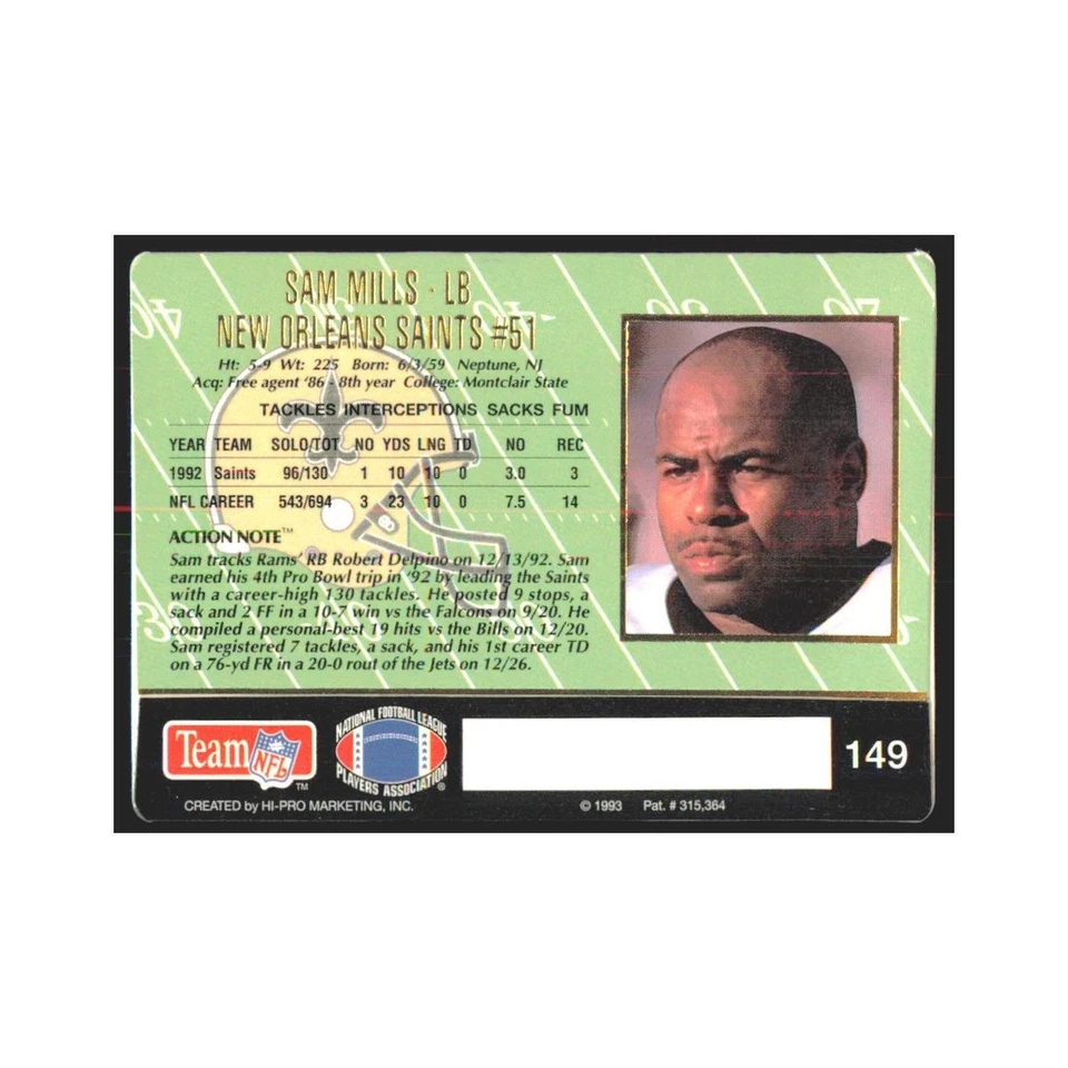 1993 Action Packed Sam Mills Saints #149 - Image 2 of 3