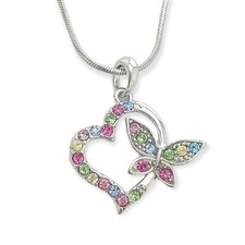 Heart Butterfly Made with Swarovski Crystal Love Multi Color Necklace 18" Chain