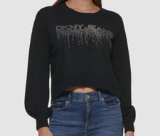  80 DKNY Women's Black Long Puff-Sleeve Cropped Sweatshirt Sweater Size XS