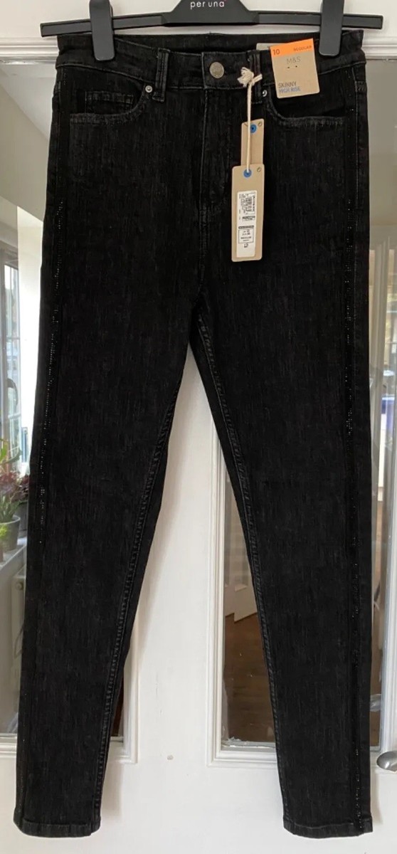 BNWT M S BLACK SKINNY HIGH RISE SPARKLY SIDES OF LEGS COTTON MIX JEANS  SIZE 10