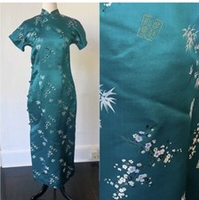 Vintage Cheongsam Forest Green Satin Maxi Dress 1960 s Oriental Satin Dress