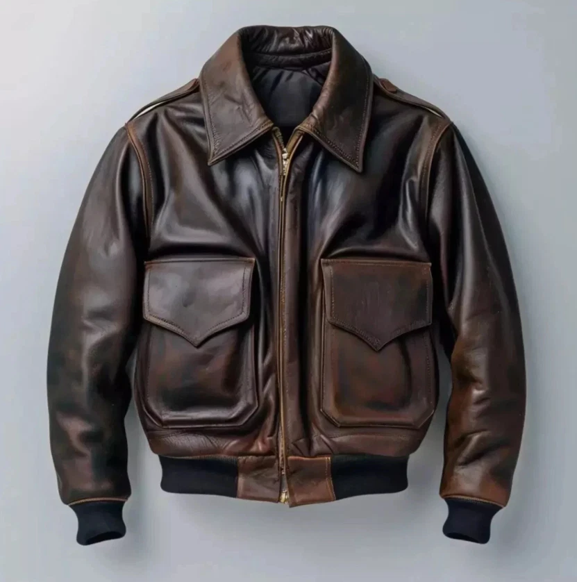 Men's Zipper Vintage A2 Aviator Bomber AIR Force Brown Real Leather Jacket