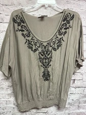 Style & Co Women’s Blouse New Gray/Black Embroidered Sz 10 Shirt Sleeve 