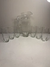 Vintage Etched Grape Glass Pitcher & 6 Tumblers set of 7