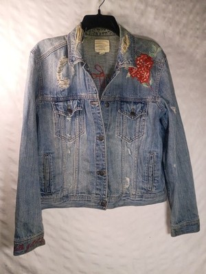 American Eagle Distressed Just for Fun Embroidered Denim Jacket Sz M Boho Hippie