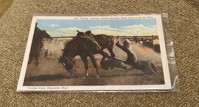 Cowboy Leaving Bucking Broncho  Rodeo Scene Linen Unused Unposted