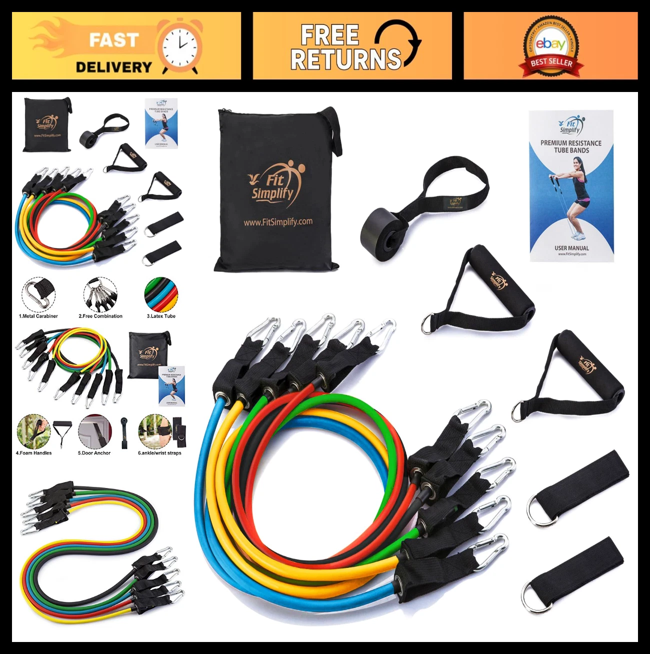 Fit Simplify Resistance Tube Bands 12-Piece Set with Instruction Booklet