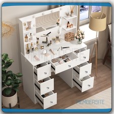 Large Vanity Desk Makeup Dressing Table With LED Mirror 7 Drawers  Crystal Pull