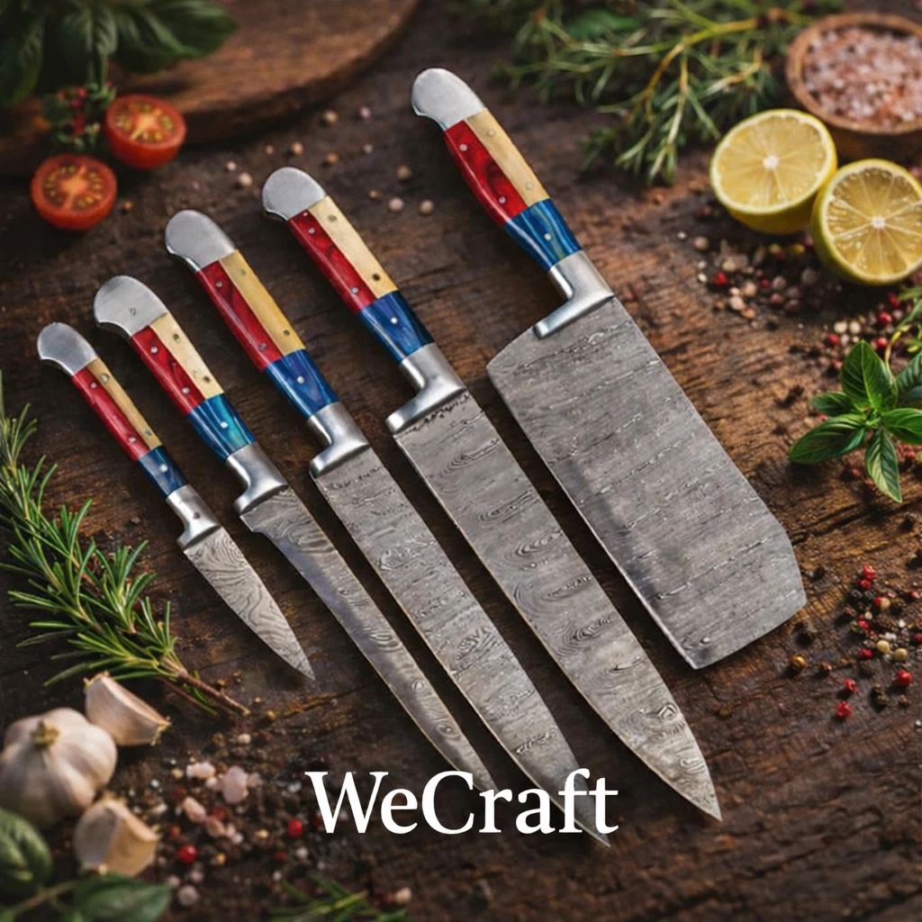 Custom Handmade Damascus Steel Blade TEXAS Chef Knives Set | Kitchen Knife Set