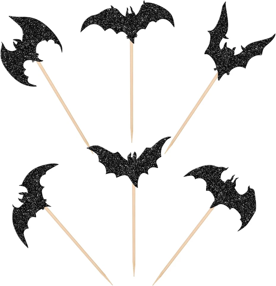 30 Pack Halloween Bat Cupcake Toppers Black Glitter Bat Halloween Cupcake Picks  - Image 3 of 4
