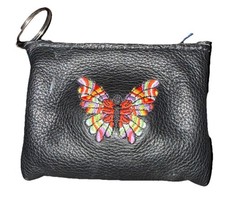 Vintage Butterfly Coin Purse Embroidered Black Genuine Leather Made in USA