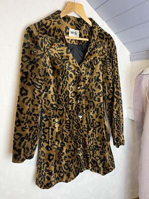 Vintage 90s Wallis Leopard Print Faux Fur Jacket UK 10 Tan Black