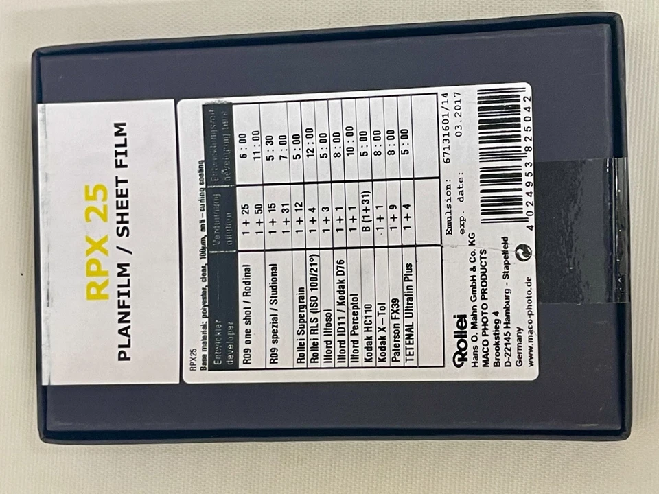 Rollei RPX 25 B&W 4x5” Film.  25 Sheets. Unopened Box.  Exp: 03/17 - Image 4 of 4