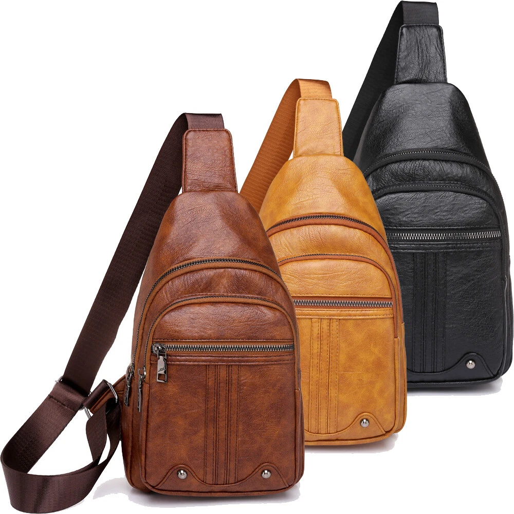 Chest bag Men Women Sling Backpack Leather Retro Crossbody Bag
