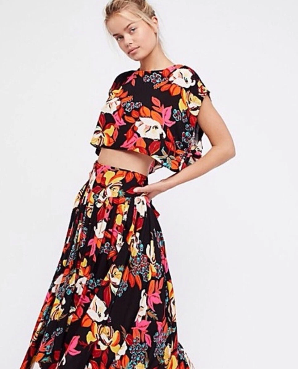 Free People Sundown Floral Printed Midi Maxi Wrap Boho Skirt Black Combo $128 XS