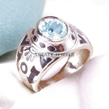 Aquamarine Oval Cut With 925 Sterling Silver Gold Plated Ring For Men's #A168