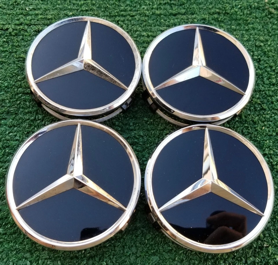 Juego 4 tapas centrales de rueda Mercedes Benz de fábrica OEM negro cromo 3 pulgadas 2204000125 Foto 2 de 4