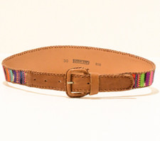 90s Vintage Lands End Woven Belt 30 Tan Leather  Bold Southwest Covered Buckle