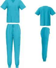 Scrub House - Turquoise Scrubs (LARGE Unisex Stretch Scrubs Set Top and Pants)