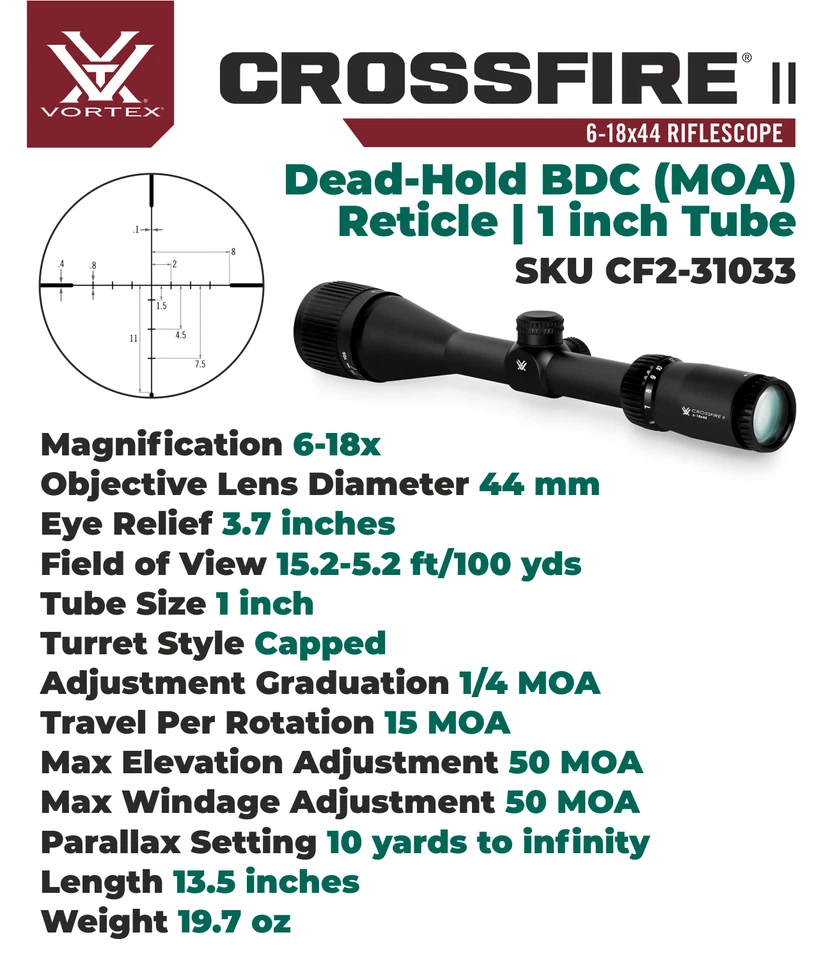 Mira para rifle Vortex Optics Crossfire II 6-18x44 AO Dead-Hold BDC con paquete de anillos H Foto 3 de 4