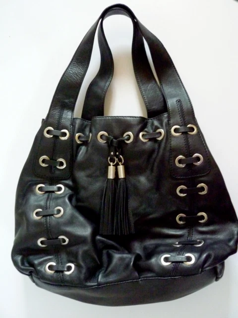 Michael Kors Large Black Leather Shoulder Tote Bag Astor Grommet