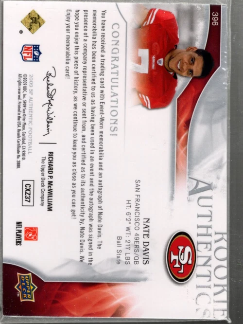 A1642- 2009 SP Authentic #396 Nate Davis RC Auto Patch /999 SAMPLE PIC - Image 2 of 2