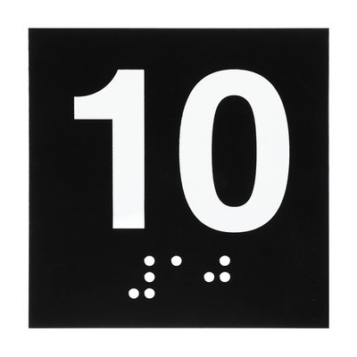 Exam Room Number Sign, 6'' x 6'' Number 10 Sign with Braille, White on Black