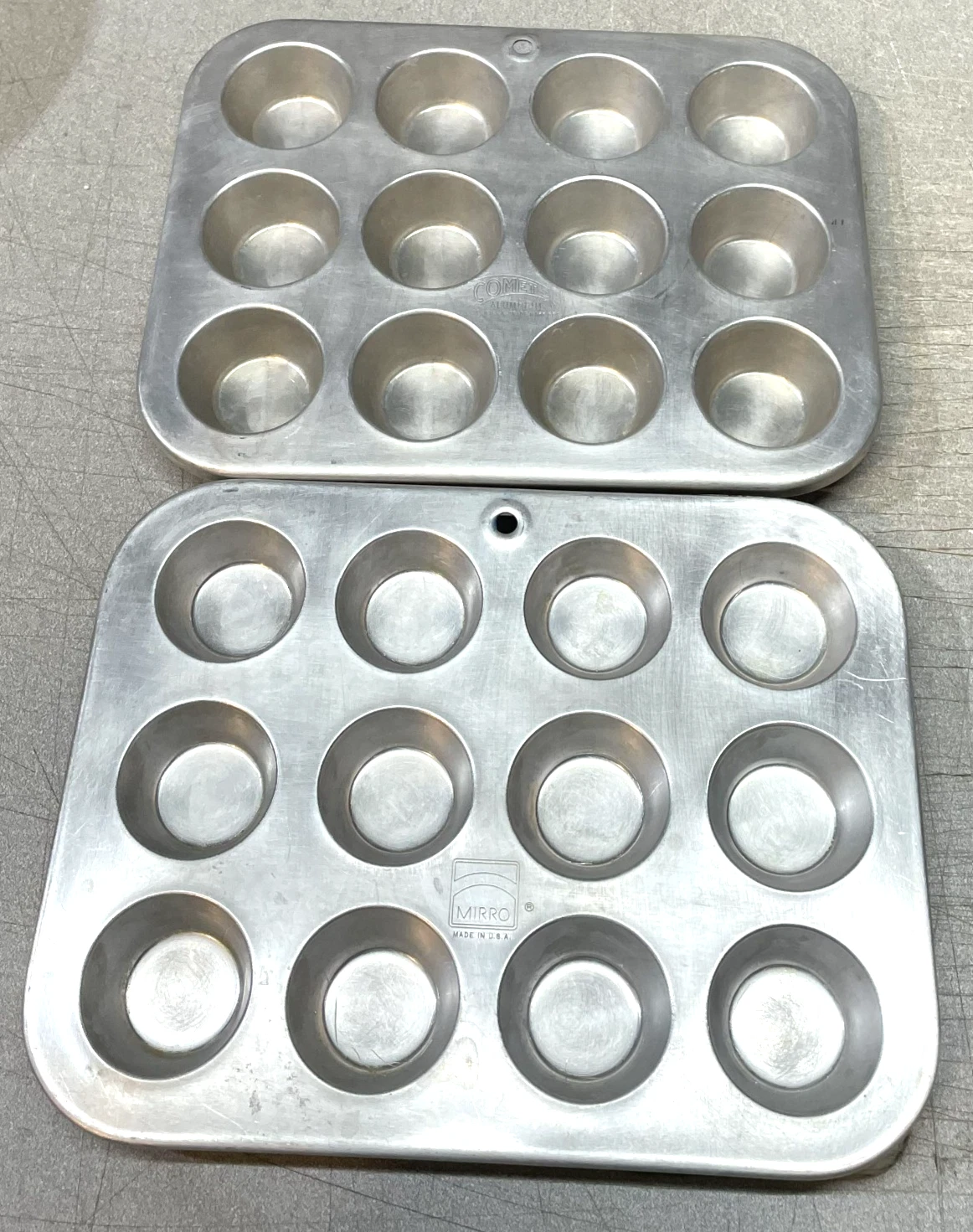 TWO 2 Vintage MIRRO COMET Aluminum 12 Hole Mini Muffin Baking Pans 10x7.5x1"