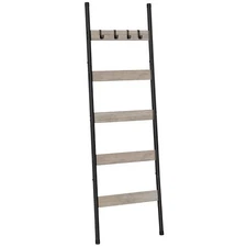 Blanket Ladder, 5-Tier Towel Rack with Hooks, Wall-Leaning Blanket Rack, Deco...