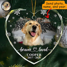 Custom Photo Forever Loved Memorial Dog Cat, Heart Shaped Glass Ornament