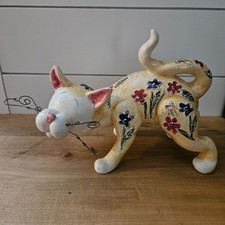 Vintage Hand Painted Ceramic Cat Figurine Floral Folk Art Whimsical Wire Whisker