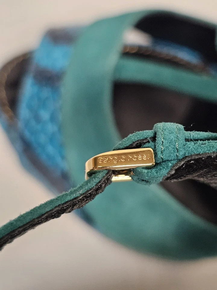 Sergio Rossi Elaphe Azul/Verde Gamuza Pitón Cuero Plataforma T-Correa Talla 5.5 Foto 2 de 4