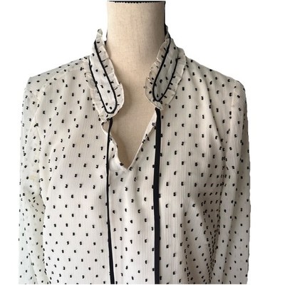 Talbots Tie Neck Blouse Women s Medium White Black Swiss Dots Airy Lightweight
