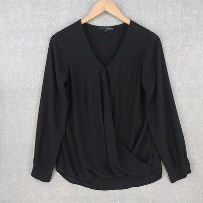 Ro & De Blouse Womens Small Long Sleeve Silky Drape V Neck Pleated Dressy Top
