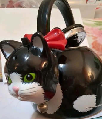 Vintage 1995 Ancona Kitty Cat Whistling Tea Kettle Teapot Tuxedo Enamel