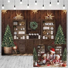 7x5 ft Christmas Kitchen Photography Backdrop Retro Wood Wall Cooking House