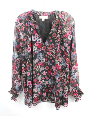 PHILOSOPHY Pullover Tunic Top Women 2X Black Floral Ruffled Collar Boho Cottage