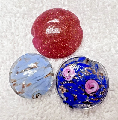 3 Vintage Venetian Glass Beads Round Flat Pink Roses Blue and Pink w Gold Flecks