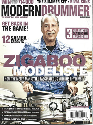 AUGUST 2013 MODERN DRUMMER MAGAZINE SAMBA GROOVES ZIGABOO MODELISTE JOHN DENSMOR