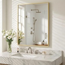 30"x36" Satin Gold Rectangle Vanity Mirror, Slim Metal Frame, Horizontal Mount
