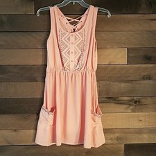 Charming Charlie Dress Small Pink Boho Embroidered Lace Up Sleeveless Mini