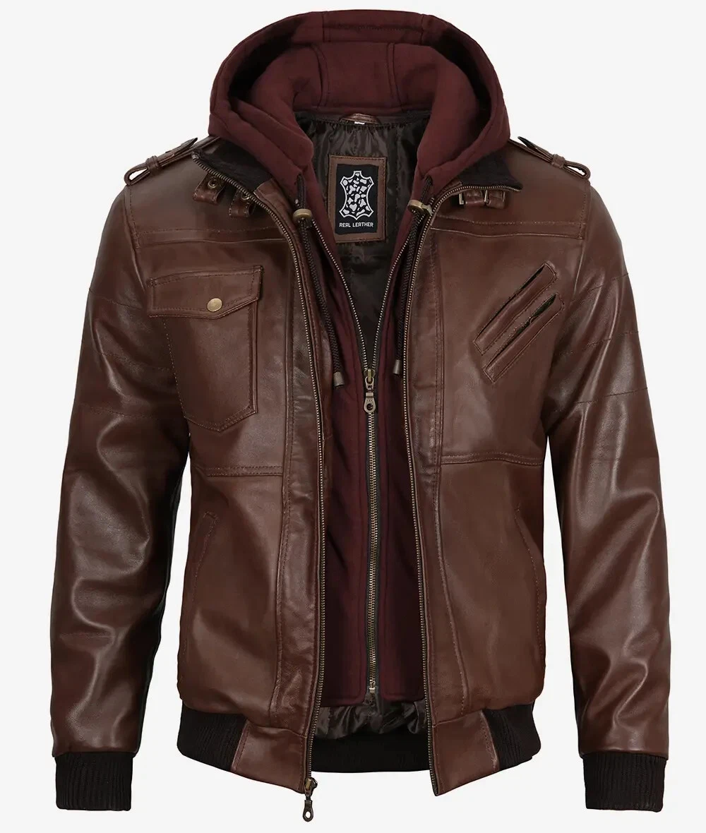 Men's Removable Hood Bomber Moto Biker Real Lambskin Dark Brown Leather Jacket