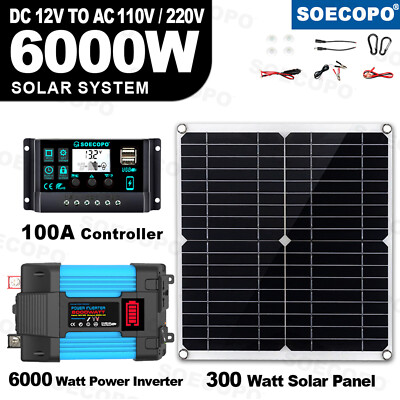 6000W Solar Power System 100A Controller 300W Panel 12V to 110V/220V