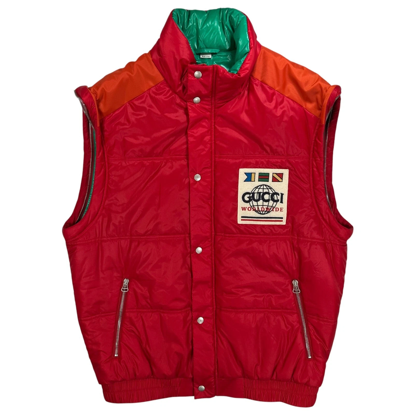 Gucci Taglia L Rosso Gucci Worldwide Piumino Giacca Verde Foderato Bandiere Bottoni