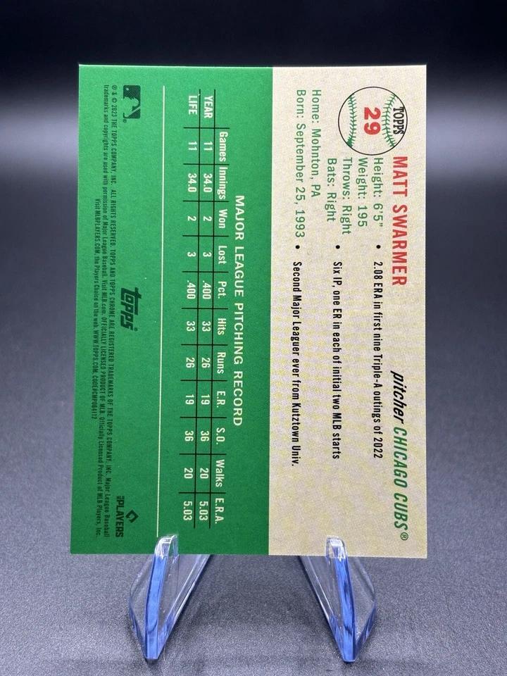 2023 Topps Chrome Platinum Matt Swarmer Gold Refractor /50 RC Cubs - Image 2 of 2