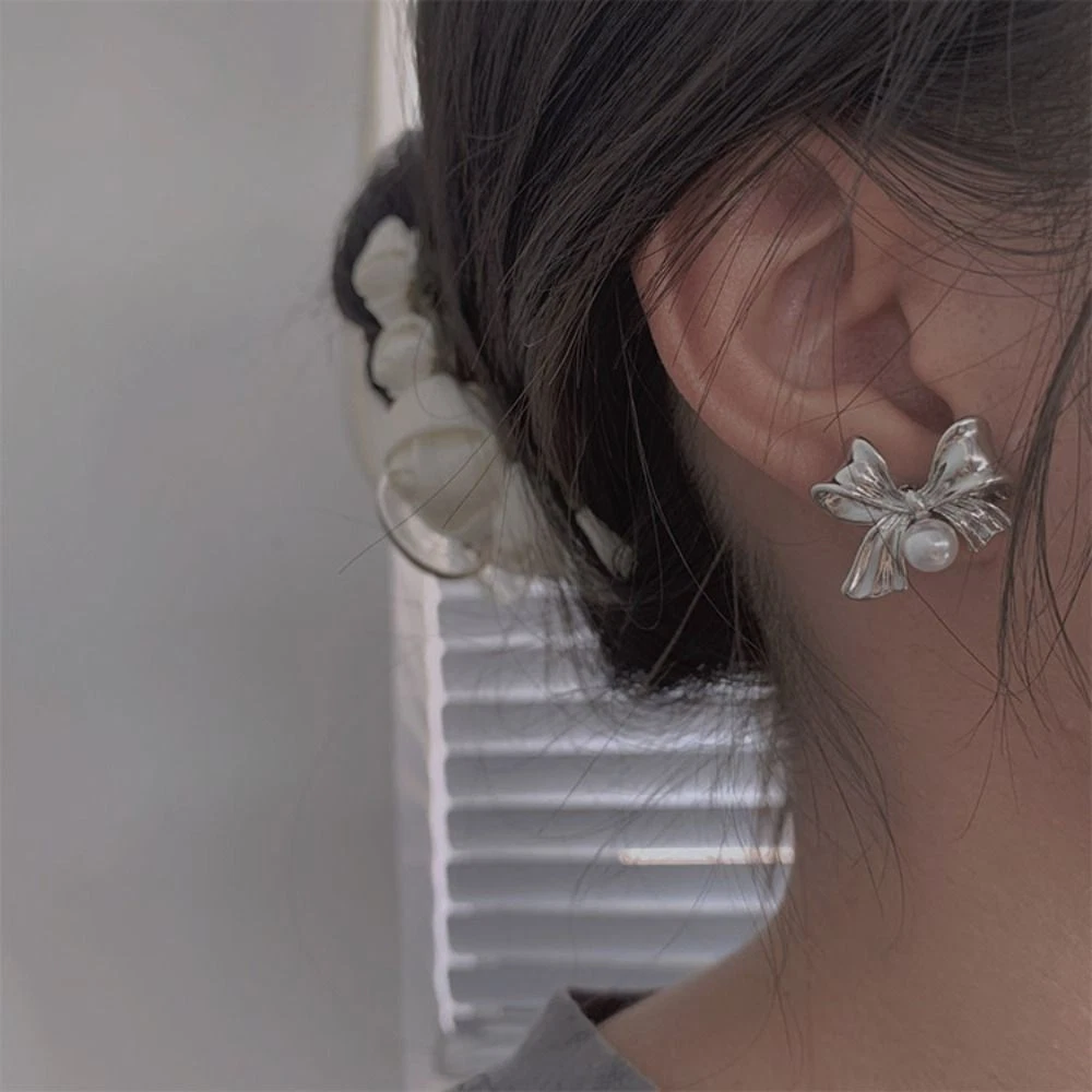 Aesthetic Silver Stud Earrings Silver Riband Earring Bow Earrings