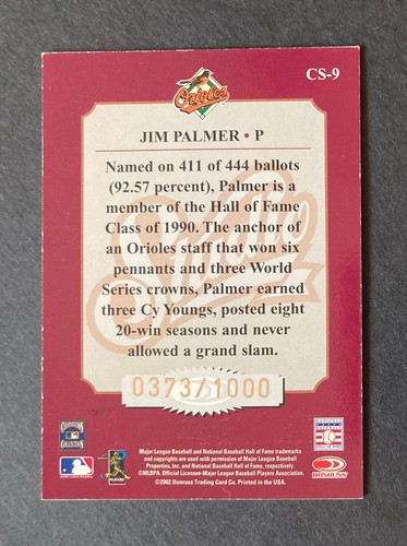JIM PALMER 2002 DONRUSS STUDIO CLASSIC CARD #CS-9 SERIAL #373/1000 - #102622C - Picture 2 of 2